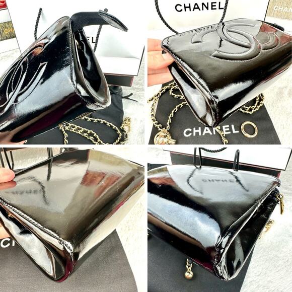 CHANEL Black Patent Leather Pouch Clutch Crossbody Bag with chain AUTHENTIC - Picture 4 of 16